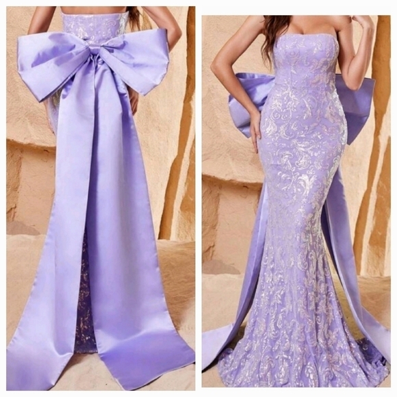 Lilac Purple, , Strapless, Big Bow, Contrast Sequined Mermaid Maxi Gown - Picture 3 of 10